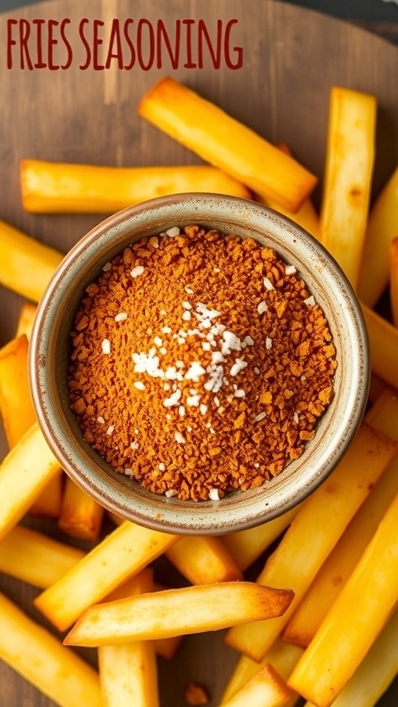 A bowl of homemade fries seasoning with crispy fries on a wooden table.